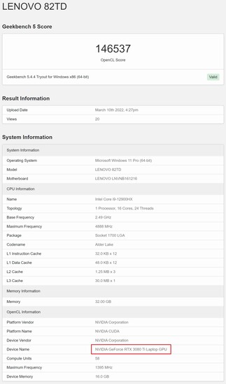 GeForce RTX 3080 Ti Laptop. (Fonte: Geekbench)