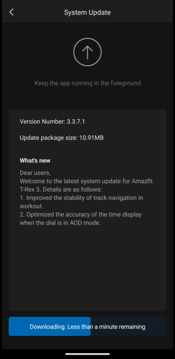 Il registro delle modifiche per la versione 3.3.7.1 del software di Amazfit T-Rex 3. (Fonte: Amazfit)