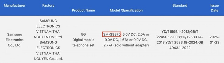 certificazione 3C di Galaxy S25 Edge (Fonte: GSMArena)