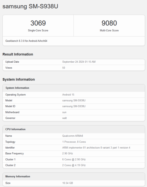 Qualcomm Snapdragon 8 Gen 4 per Galaxy (fonte: Geekbench)