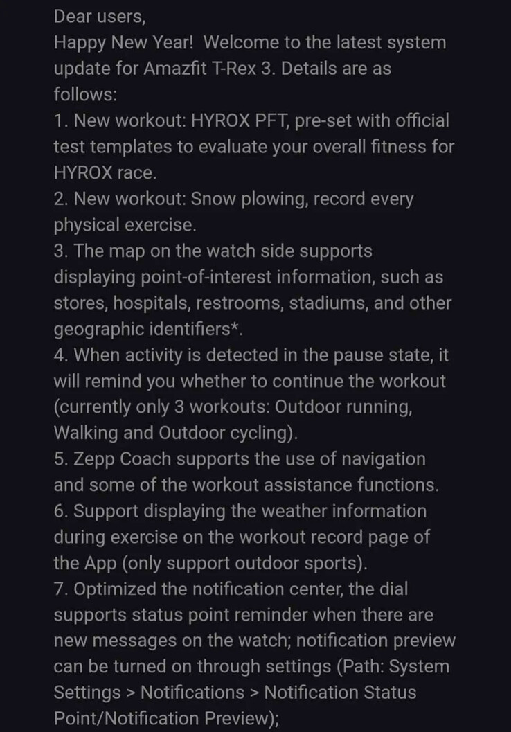 Le note di rilascio della versione 3.4.4.7 del software Amazfit per lo smartwatch T-Rex 3. (Fonte immagine: u/Ech0ke via Reddit)