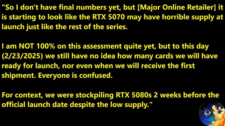 Informazioni sullo stock di lancio della RTX 5070. (Fonte: La legge di Moore è morta)