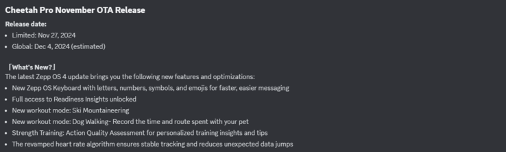 Il registro delle modifiche per la release OTA di novembre di Amazfit Cheetah Pro. (Fonte immagine: Zepp Health via Discord)