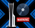 Console PS5 raffigurata accanto a un disco e a un adesivo di avvertenza
