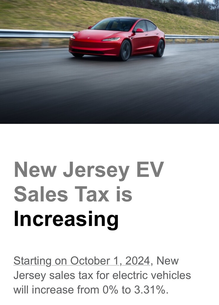 L'imposta sulle vendite di veicoli elettrici del New Jersey passa da zero al 3,31% in ottobre