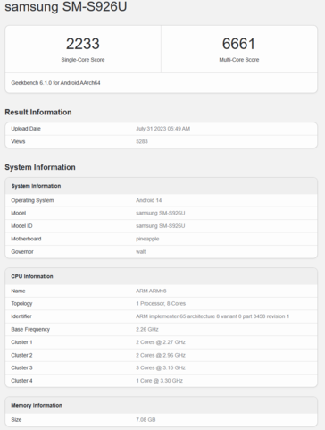 napdragon 8 Gen 3 per Galaxy nel Samsung Galaxy S24 Plus con una configurazione 1+3+2+2. (Fonte: Geekbench)