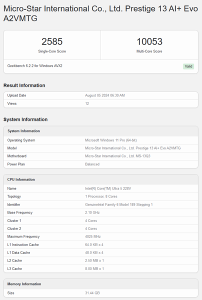 Punteggio Geekbench del Core Ultra 6 228V (fonte: Geekbench)