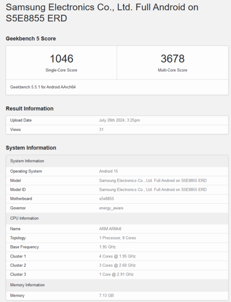 Punteggio Exynos 1580 Geekbench 5.5 (fonte: Geekbench)