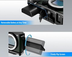 Le immagini di marketing di Sirui confermano uno schermo completamente articolato e porte separate per la batteria e la SD (fonte: Amazon)