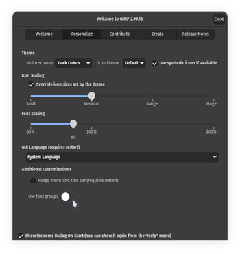 La nuova schermata di benvenuto di GIMP presenta moltissimi modi per adattare il programma di manipolazione di immagini alle sue preferenze. (Fonte: Julian van der Merwe / Notebookcheck)