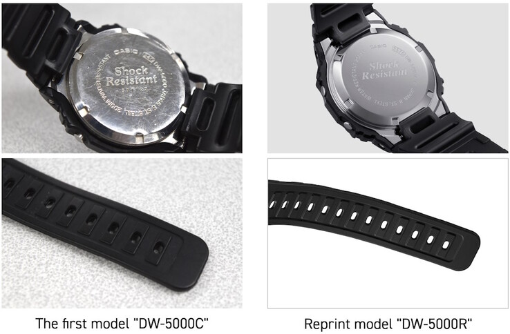 La forma e la posizione dei fori della fascia e l'acciaio inossidabile utilizzato nel fondello del Casio DW-5000R G-Shock sono identici a quelli del DW-5000C originale. (Fonte: Casio Japan)