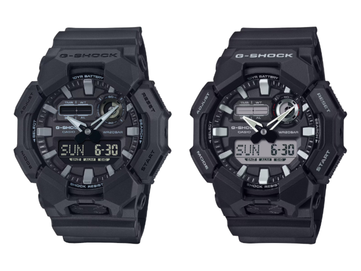 L'orologio Casio G-Shock GA-010-1A1JF (a sinistra) a confronto con l'orologio Casio G-Shock GA-010-1A (a destra). (Fonte: Casio)