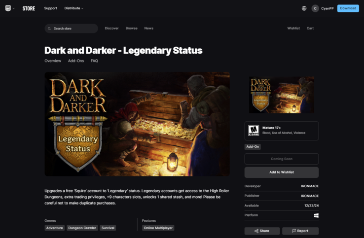 Dark and Darker - Stato Leggendario ha uno stato di 'Prossimamente' sull'Epic Games Store in questo momento. (Fonte: Epic Games)