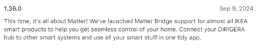 Le note di rilascio dell'applicazione smart IKEA Home versione 1.36.0. (Fonte: Apple App Store)