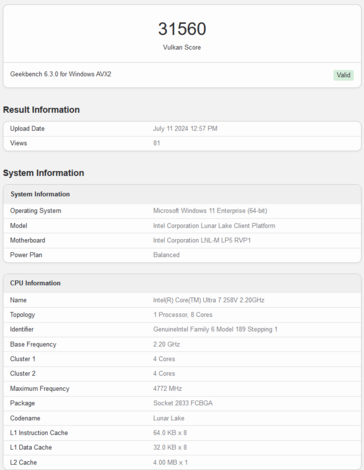 Punteggio Intel Arc 140V Vulkan (immagine tramite Geekbench)