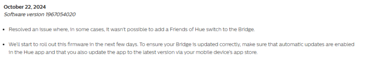 Il registro delle modifiche della versione software di Philips Hue Bridge 1967054020. (Fonte: Philips Hue)