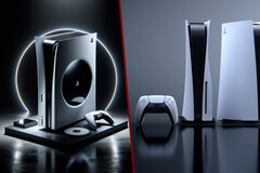 È meglio utilizzare un'immagine generata dall'intelligenza artificiale (a sinistra) di un dispositivo in arrivo (PS5 Pro) o utilizzare un'immagine ufficiale stand-in (PS5; a destra) fino a quando non viene avvistato il prodotto reale? (Fonte immagine: Dall-E 3 / SIE - modificata)