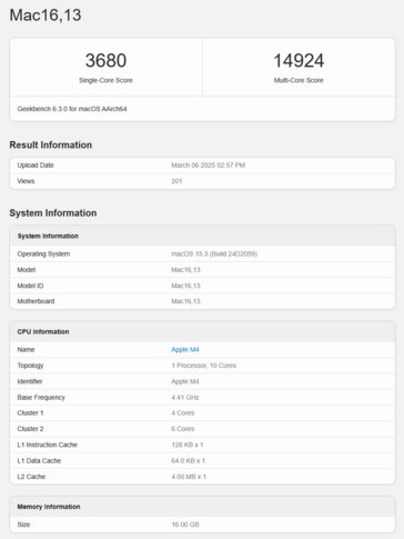 M4 MacBook Air Punteggio CPU Geekbench (fonte: Geekbench)