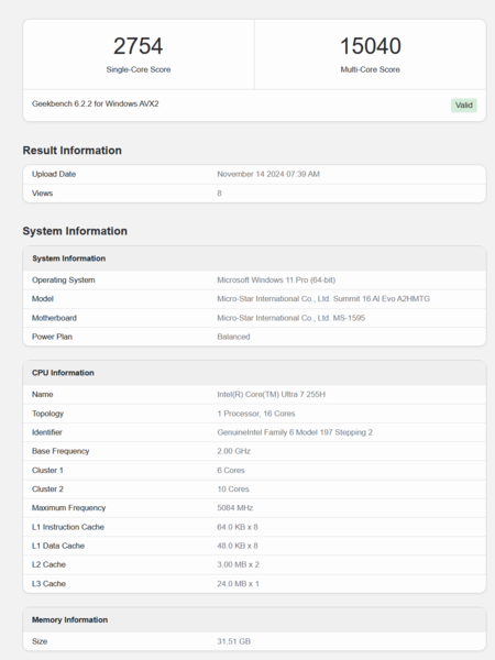 Prestazioni Intel Core Ultra 7 255H Geekbench (fonte: Geekbench)