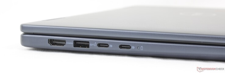 A sinistra: HDMI 1.4 (solo fino a 1080p60), USB-A 3.2 Gen. 1, 2x USB-C 3.2 Gen. 2 (10 Gbps) con DisplayPort 1.4 + Power Delivery