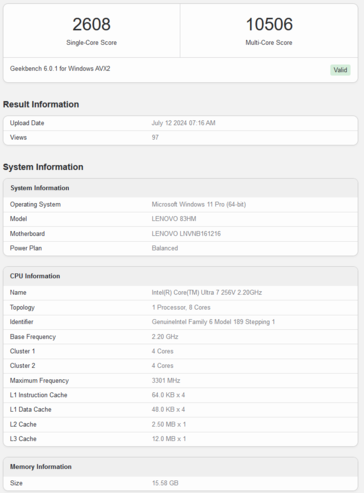 Punteggio Geekbench di Intel Core Ultra 7 256V (immagine via Geekbench)