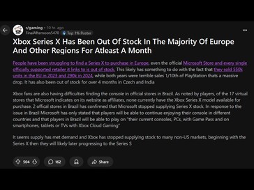 Post Reddit sulla disponibilità europea di Xbox Series X (fonte: Gaming subreddit)