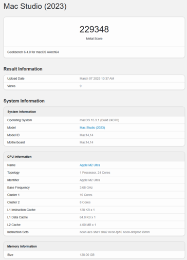 Apple M2 Ultra Punteggio GPU Metal Geekbench (immagine punteggio Geekbench)