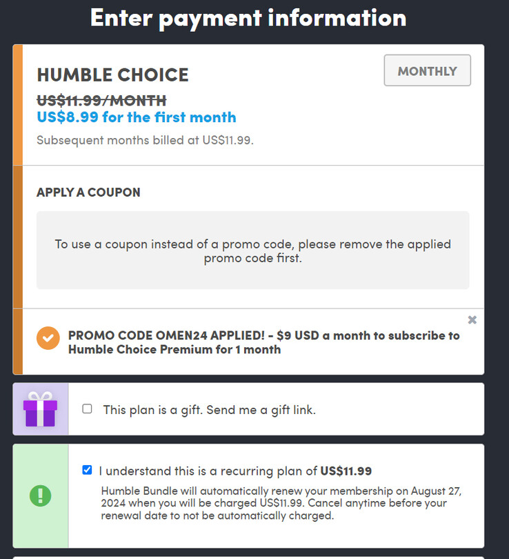 Prezzo con il coupon applicato (Fonte: Humble Bundle)