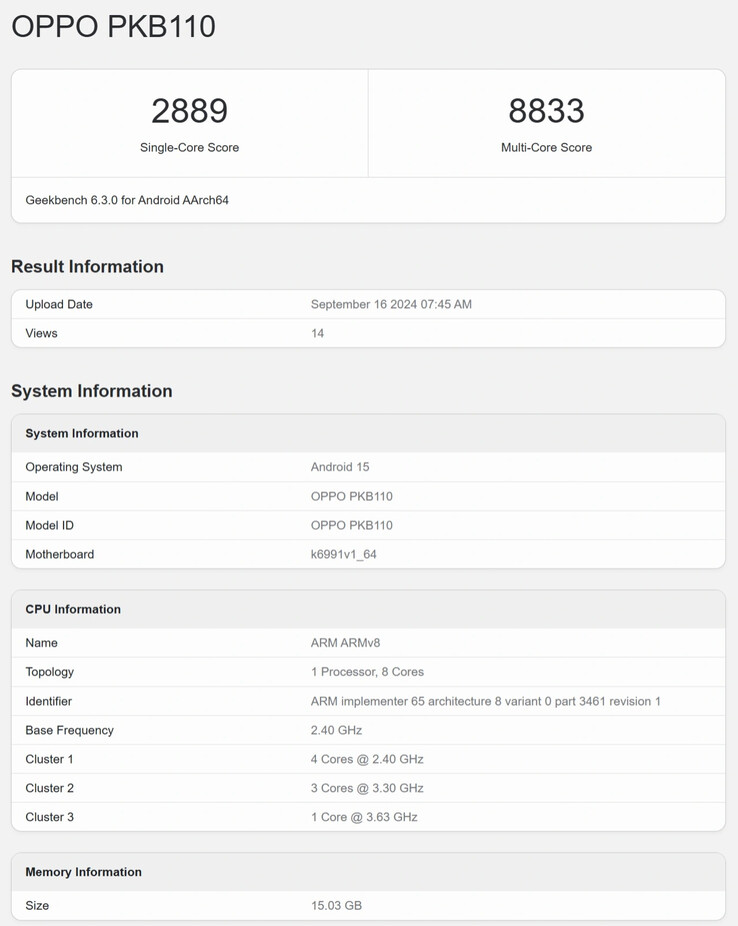 Presunto benchmark della CPU di Oppo Find X8 su Geekbench (fonte: IT Home)