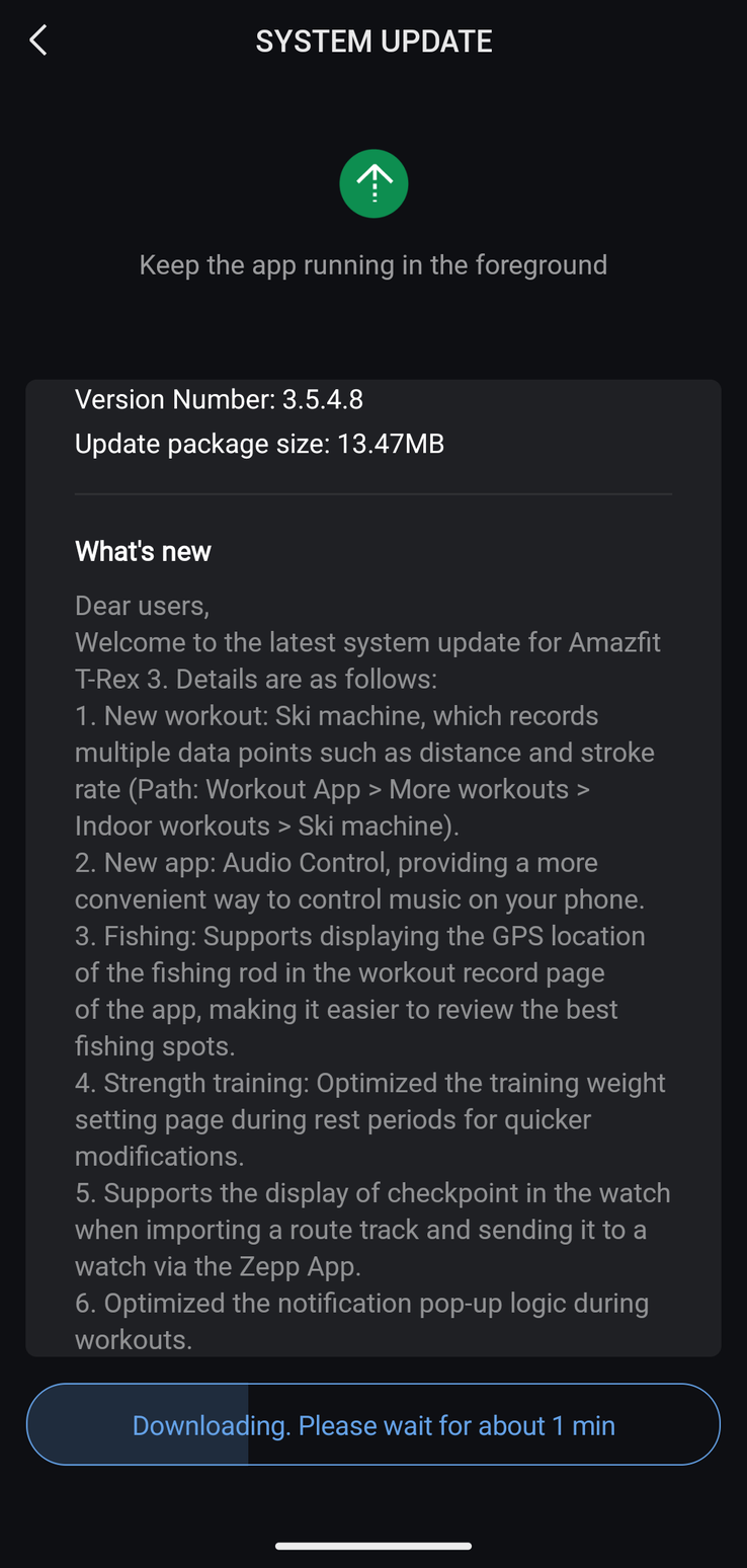 Il registro delle modifiche per l'aggiornamento Amazfit T-Rex 3 versione 3.5.4.8. (Fonte immagine: u/Ech0ke via Reddit)