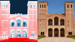 Un'immagine termica a infrarossi della Royce Hall dell'UCLA. La transizione di colore dal bianco al rosso pallido mostra il calore assorbito dal suolo (rosso). Il calore in eccesso si irradia verso il cielo freddo, rappresentato in blu. (Fonte immagine: Raman Lab/UCLA)