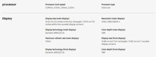 Galaxy Specifiche del display di Z Fold 6 (immagine via Samsung)