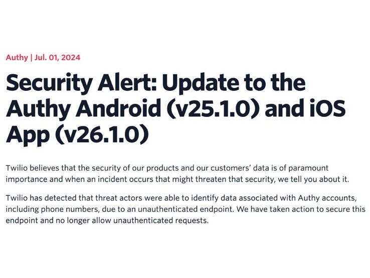 Twilio ha incoraggiato gli utenti ad aggiornare urgentemente l'app Authy per motivi di sicurezza (Fonte: Twilio)