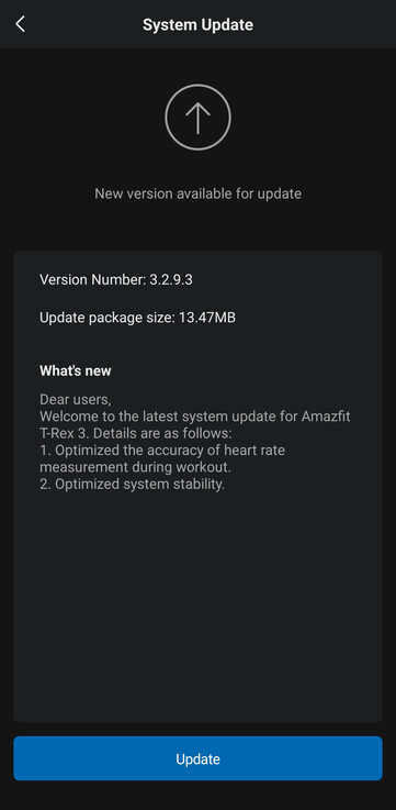 Il registro delle modifiche per la versione 3.2.9.3 del firmware di Amazfit T-Rex 3. (Fonte immagine: u/Ech0ke via Reddit)