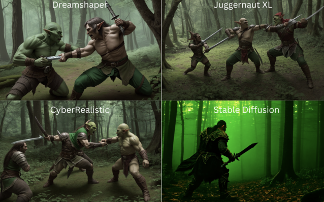 Prompt: Un elfo nel bosco con una spada che combatte contro un orco - Sebbene sia il meno accurato in termini di prompt, la Diffusione Stabile produce le immagini più realistiche (Fonte immagine: David Devey)