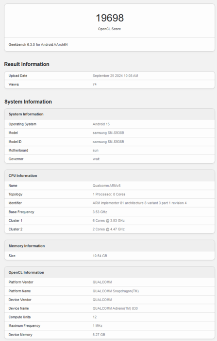 Prestazioni OpenCL di Adreno 830 Geekbench (fonte: Geekbench)