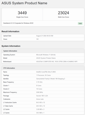 Punteggio Geekbench di Intel Core Ultra 9 285K (fonte: Geekbench)