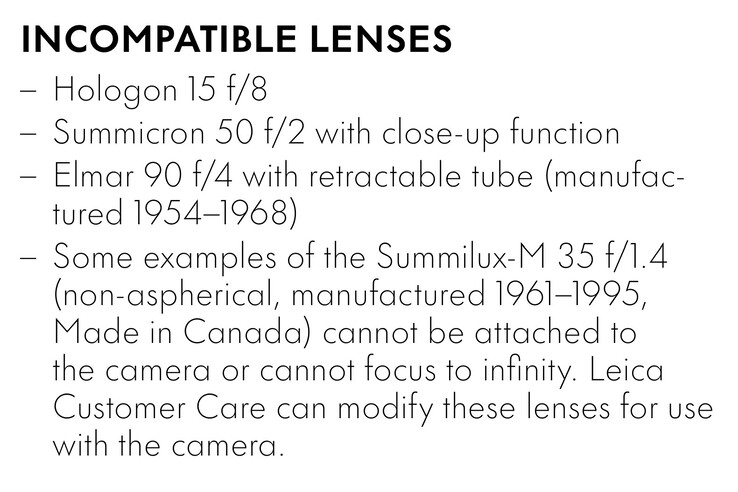 La Leica M11-D è compatibile con quasi tutti gli obiettivi Leica M prodotti dal 1954, ad eccezione di questi obiettivi. (Fonte: Leica)