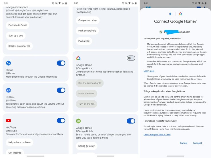 Le schermate che mostrano le richieste di connessione di Gemini per Google Home. (Fonte: Autorità Android )