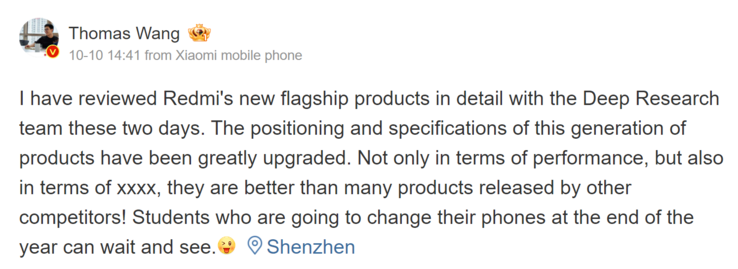 Wang Teng parla della serie Redmi K80 (Fonte immagine: Weibo - traduzione automatica)