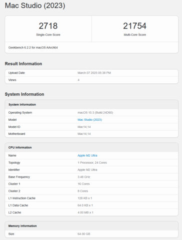 Apple M2 Ultra Punteggio CPU Geekbench (immagine punteggio Geekbench)