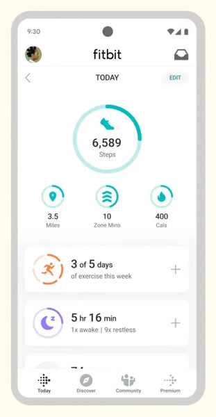 L'app Fitbit attualmente. (Fonte: 9to5Google)