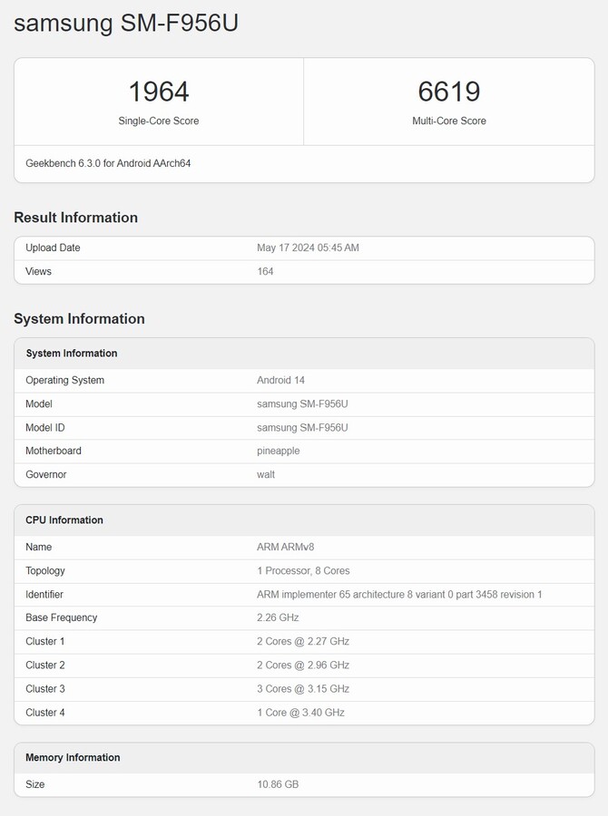 Un modello statunitense di Samsung Galaxy Z Fold6 con Snapdragon 8 Gen 3 è apparso su Geekbench.