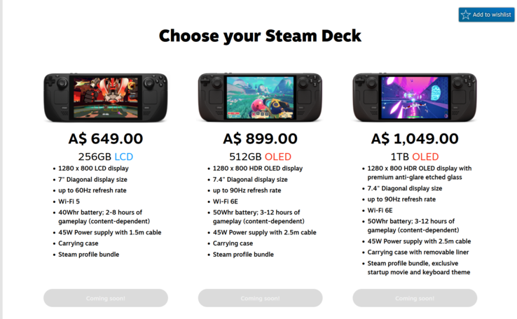 Prezzi di Steam Deck Australia (fonte: Valve)