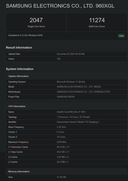 Punteggio Geekbench di Intel Core Ultra 9 185H (immagine via Geekbench)