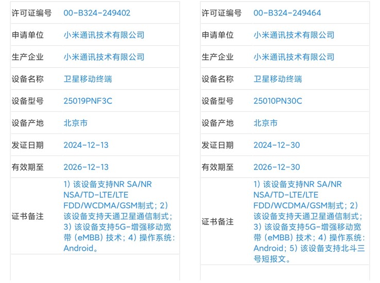 Le versioni "Xiaomi 15 Ultra" e "15 Ultra Satellite Messaging Edition" trapelano online prima del loro lancio. (Fonte: Digital Chat Station via Weibo)