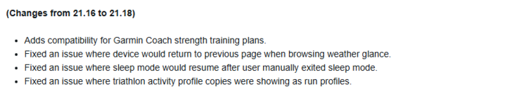 Il registro delle modifiche della versione beta 21.18 per gli orologi Forerunner 255 e Forerunner 955. (Fonte: Garmin)