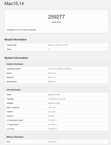 Apple M3 Ultra Punteggio GPU Metal di Geekbench (immagine punteggio Geekbench)