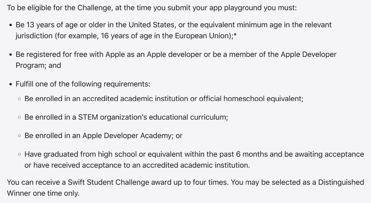 Gli studenti che soddisfano i seguenti requisiti di idoneità possono candidarsi alla Swift Student Challenge 2025. (Fonte: Apple)