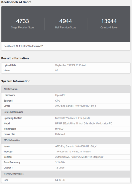 Punteggio di AMD Ryzen AI Max 390 Geekbench AI (fonte: Geekbench)